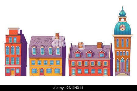 Zeichentrickset skandinavischer Gebäude isoliert auf weißem Hintergrund. Zeitgenössische Vektorhäuser mit alten Fassaden, Retro-Fenster, Holztüren, Rathausturm. Europäischer Architekturstil Stock Vektor