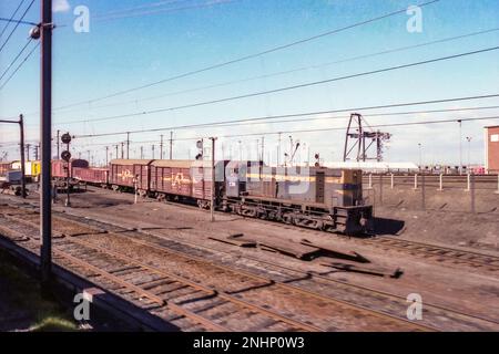 Ein 1981 erstelltes Bild der Lokomotive Y159, einer von Clyde/GM gebauten G6B Diesel-Elektrolokomotive, die sich im Besitz der Victorian Railways (VR) befindet und in einem Schienengüterhof in Melbourne verwendet wird. Dieser Motor wurde 1989 außer Betrieb genommen und 1990 von der Daylesford Spa Country Railway in Daylesford Victoria, Australien, erworben Stockfoto