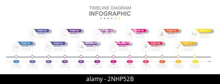 Infografik für Geschäftsvorlage. 12 Monate moderner Diagrammkalender mit Thementiteln. Konzeptpräsentation. Stock Vektor