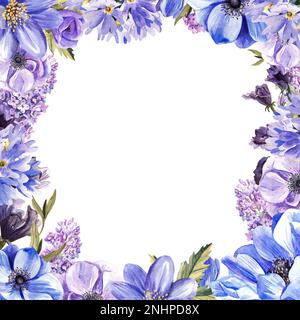 Die quadratische Zusammensetzung der Frühlingslila-Blüten auf weißem Hintergrund. Aquarelldarstellung Stockfoto