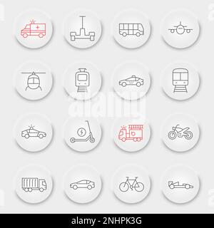 Symbolsatz für Transportlinien, Transportsammlung, Vektorgrafiken, pneumorphe UI-UX-Schaltflächen, Vektorsymbole für Fahrzeuge, Verkehrszeichen, Piktogramme für Umrisse, bearbeitbare Kontur Stock Vektor