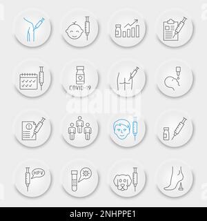 Impflinien-Symbolsatz, Impfstoffsammlung, Vektorgrafiken, pneumorphe UI UX-Schaltflächen, COvid-19-Vektorsymbole, Impfzeichen, Piktogramme, bearbeitbarer Schlaganfall Stock Vektor