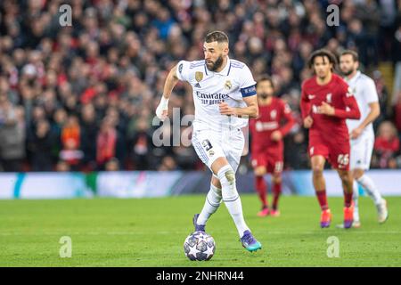 Liverpool, Großbritannien. 21. Februar 2023. UEFA Champions League-Runde 16 Spiel Liverpool gegen Real Madrid in Anfield, Liverpool. Foto: Dienstag, 21. Februar 2023. Benzema 900/Cordon Press Kredit: CORDON PRESS/Alamy Live News Stockfoto