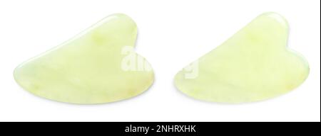 Jade Gua Sha Werkzeuge auf weißem Hintergrund, Draufsicht. Collage Stockfoto
