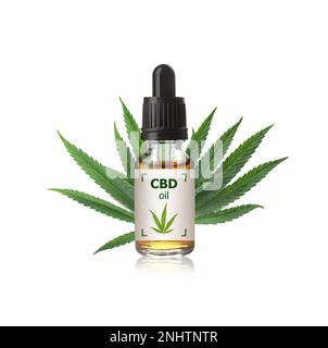 Flasche Cannabidiolöl und Hanfblatt auf weißem Hintergrund Stockfoto