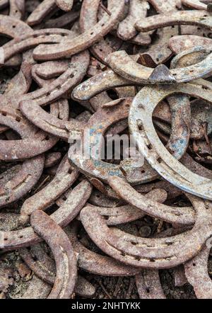 Ein Haufen alter, gebrauchter und rostiger Hufeisen. Selektiver Fokus Stockfoto