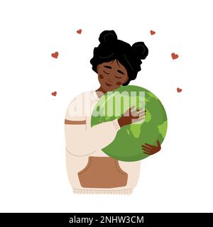 Mutter-Erde-Tag. Lächelndes afrikanisches Mädchen drückt Liebe zum Planeten aus. Für die Natur sorgen. Ökologiekonzept. Umweltprobleme. Vektordarstellung in Stock Vektor