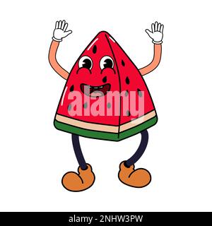 Groovy lustige Wassermelonen-Stück-Cartoon-Figur, alter Hippie 70s. Doodle-Comic-Charakter Stock Vektor
