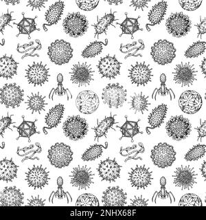 Viren nahtlos patten. Handgezeichnete wissenschaftliche Vektordarstellung im Skizzenstil. Mikroskopische Mikroorganismen Stock Vektor