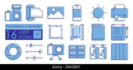 Satz von linearen Symbolen mit Farbfüllung. Geräte für die Fotografie und Filmverarbeitung. Drucken von fertigen Fotos. Kamera, Film, Speicherkarte, Objektiv Stock Vektor
