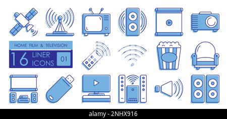 Satz von linearen Symbolen mit Farbfüllung. Technologie für Unterhaltung, Heimkinowiedergabe und Musikwiedergabe. Fernseher, Lautsprecher, Projektor, Leinwand, multimeter Stock Vektor