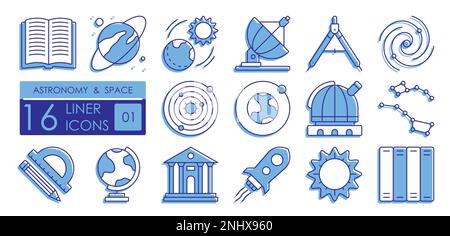 Satz von linearen Symbolen mit Farbfüllung. Wissenschaftsastronomie und Weltraumforschung. Rakete für Mondflüge, Spiralgalaxie, Observatorium und Funkteleskop Stock Vektor