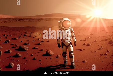 Der erste Mann auf dem mars. Astronaut im Raumanzug ist auf dem Mars gelandet. Silhouette eines Astronauten, der auf dem Mars steht. Erste bemannte Mission auf dem Mars. Weltraum-Exploratio Stockfoto