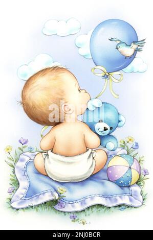 Baby-Boy auf einer Decke mit Teddy und Ballon auf Weiß Stockfoto