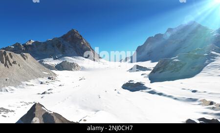 Mountain Snow Sun Ray Illustration, 3d Rendering Stockfoto