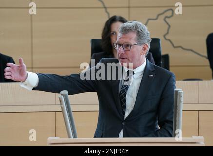 22. Februar 2023, Schleswig-Holstein, Kiel: Bernd Buchholz, Abgeordneter der FDP und ehemaliger Wirtschaftsminister, spricht während der Sitzung des staatsparlaments im Staatshaus zu einer aktuellen Stunde über den Mord an Brokstedt. Foto: Marcus Brandt/dpa Stockfoto