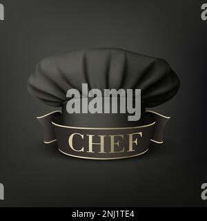 Vector Banner mit 3D Realistic Black Chef Cap, Toque auf schwarzem Hintergrund. Cook, Baker Chef Cap Designvorlage. Bäckerei, Restaurant, Küchenuniform Stock Vektor