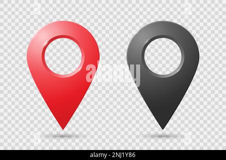 Realistische Geolokationssymbole in Rot und Schwarz auf transparentem Hintergrund. Stock Vektor