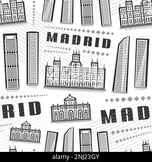 Vector Madrid Seamless Pattern, quadratischer Wiederholungshintergrund mit Darstellung der europäischen stadtlandschaft madrids auf weißem Hintergrund für Geschenkpapier, Monoc Stock Vektor