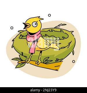 Ein gelber Vogel, der einen Schal trägt und vor dem Nest sitzt, das er macht. Stock Vektor