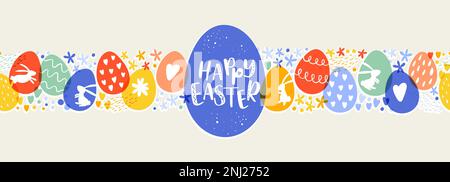 Süßes, handgezeichnetes, horizontales, nahtloses Oster-Muster mit Häschen, Blumen, ostereiern, schönem Hintergrund, ideal für Osterkarten, Banner, Textilien, Stock Vektor