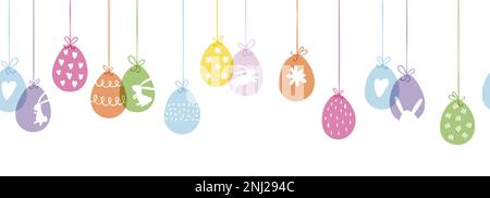 Süßes, handgezeichnetes, horizontales, nahtloses Oster-Muster mit Häschen, Blumen, ostereiern, schönem Hintergrund, ideal für Osterkarten, Banner, Textilien, Stock Vektor
