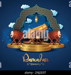 Eid Mubarak und Ramadan Kareem grüßen Sie. goldene Kanonen- und Trommelhintergrund. Abstraktes Vektordesign Stock Vektor