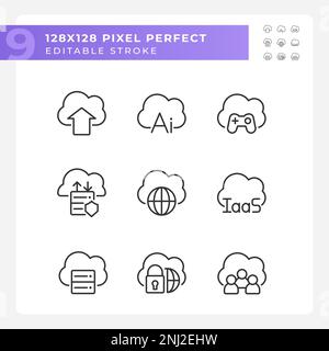 Cloud-basierter Dienst für die Datenverarbeitung Pixelperfekter linearer Symbolsatz Stock Vektor