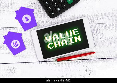 Text mit Inspiration Value Chain. Business Showcase Business Manufacturing Process Analyse der Branchenentwicklung Stockfoto
