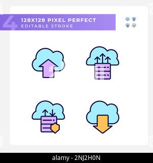 Datenaustausch über Cloud-Ressourcen Pixel Perfect RGB-Farbsymbole gesetzt Stock Vektor
