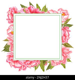 Handgezeichneter Rahmen aus pinkfarbenen Pfingstrosen mit grünen Blättern und Knospen auf weißem Hintergrund. Sammelalbum-Design, Hochzeitseinladung, Etikett, Banner, Stockfoto