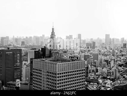 Tokio, Japan - September 2017: Panoramablick auf die moderne Skyline der Stadt in Schwarz und Weiß Stockfoto