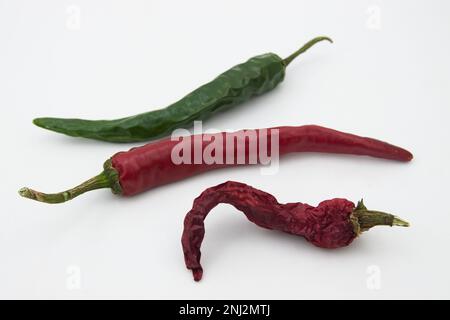 Bild von drei Paprika oder Chilipaprika (Capsicum) in verschiedenen Trocknungszuständen auf neutralem weißem Hintergrund Stockfoto