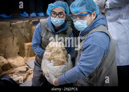 Peking, China. 22. Februar 2023. Dieses Aktenfoto zeigt Archäologen, die einen versteinerten Schädel zeigen, der von einem Ort aus der Paläolithenzeit in Shiyan, der zentralchinesischen Provinz Hubei, ausgegraben wurde. Sechs historische Stätten, die frühestens bis in die paläolithische Zeit zurückreichen, wurden in einem Forum am Mittwoch als Chinas neue archäologische Entdeckungen von 2022 aufgeführt. Kredit: Xinhua/Alamy Live News Stockfoto