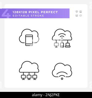 Verbinden Sie Geräte mit Cloud-basierten Servern und pixeln Sie den perfekten linearen Symbolsatz Stock Vektor
