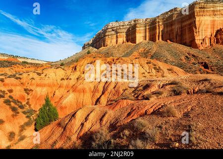 Lebendige Sandsteinklippen und Felsformationen am Canon Rojo de Teruel in der Region Aragon in Spanien Stockfoto