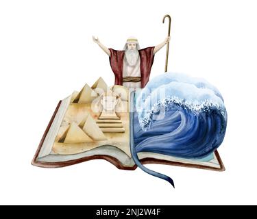 Aquarell Passover Haggadah Buch mit Moses, der mit erhobenen Händen das Rote Meer in Exodus jüdischer Illustration trennt Stockfoto