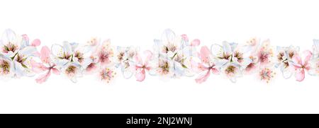 Horizontaler Blumenrand mit pinkfarbenen und weißen Mandelblüten, nahtloses Aquarellmuster mit Kirsch- und Ahornblumen Stockfoto