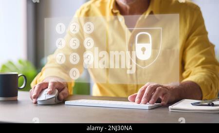 Online-Sicherheitskonzept mit man Using Keyboard mit grafischer Einblendung der Sperre und PIN-Zifferntastatur Stockfoto