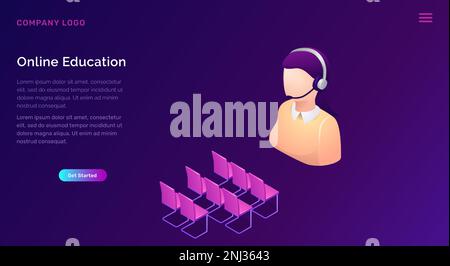 Isometrische Vektordarstellung für Online-Schulung oder -Schulung. Sprecherfigur im Headset und freie Plätze im Unterricht, isoliert auf violettem Banner, Website für Unterricht oder Sprachkurse Stock Vektor