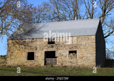Alte Steinscheune mit Originalelementen, die an einem sonnigen Tag in abgelegener Landschaft steht Stockfoto