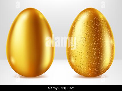 Darstellung des realistischen Vektorsatzes der goldenen Eier. Glänzende Ostereier aus goldenem Metall mit elegantem Muster, festliches Geschenk mit Schatten und Reflexion isoliert auf weißem Hintergrund Stock Vektor