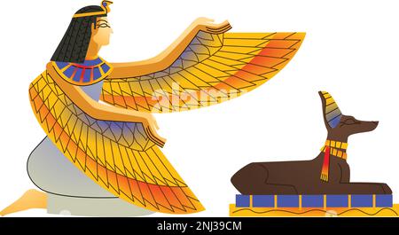 Alte ägyptische Wandzeichnung oder Wandelement Cartoon-Vektor. Monumentale Gemälde ägyptischer Kultursymbole, antike Götter, Anubis, Isis oder Nephthys mit menschlichen und tierischen Figuren, isoliert auf Weiß Stock Vektor