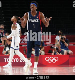 7. AUGUST 2021: Frank Ntilikina von Frankreich im Goldmedaillenspiel für Herren bei den Olympischen Spielen 2020 in Tokio (Foto: Mickael Chavet/RX) Stockfoto