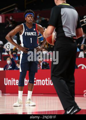 7. AUGUST 2021: Frank Ntilikina von Frankreich im Goldmedaillenspiel für Herren bei den Olympischen Spielen 2020 in Tokio (Foto: Mickael Chavet/RX) Stockfoto