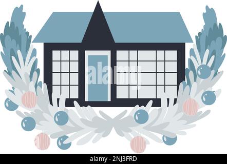 Haus dekoriert mit Weihnachts-Arrangement. Stock Vektor