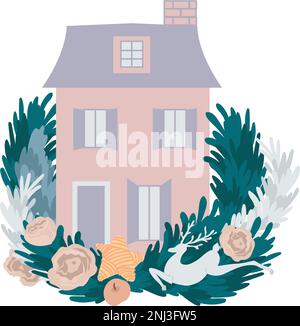 Haus dekoriert mit Weihnachtskranz. Stock Vektor