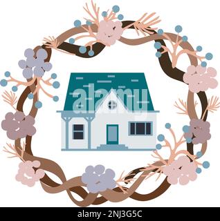 Haus dekoriert mit Weihnachtskranz. Stock Vektor