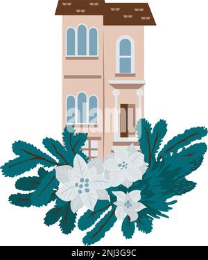 Haus dekoriert mit Weihnachts-Arrangement. Stock Vektor