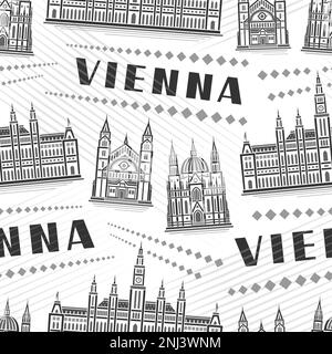 Vector Vienna Seamless Pattern, quadratischer Wiederholungshintergrund mit Illustration der berühmten wiener Stadtlandschaft auf weißem Hintergrund für Geschenkpapier, Monochr Stock Vektor